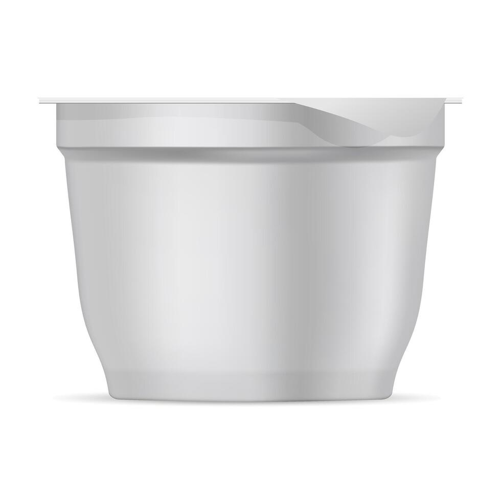 Small round white matte plastic pot with foil cover for yogurt, cream, dessert or jam. Realistic packaging mockup template. 3d illustration. vector
