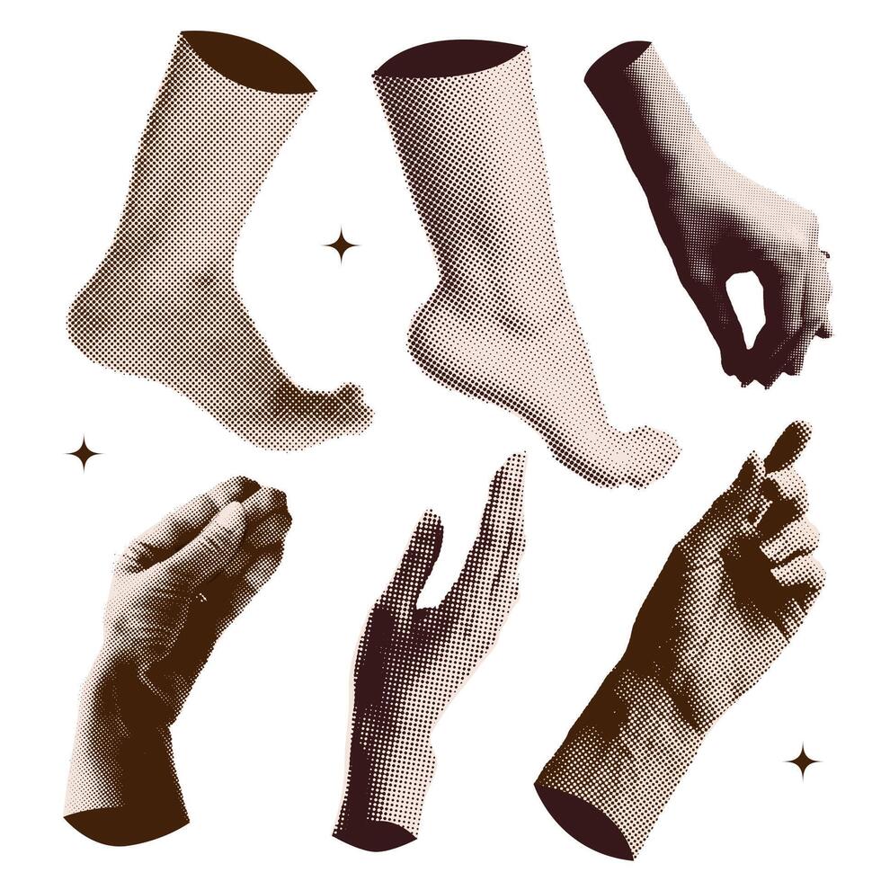 Halftone collage design elements set in trendy magazine style. Female Hands and legs. illustration with vintage grunge punk cutout shapes. vector
