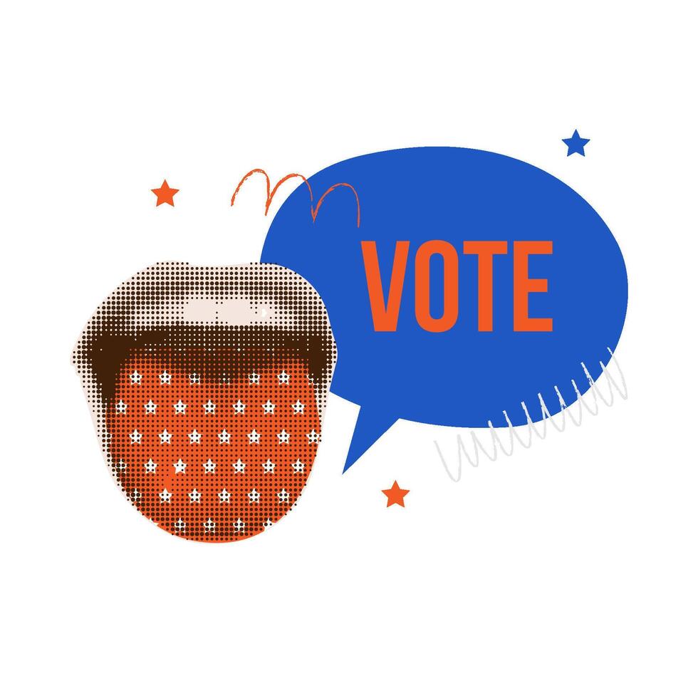 Vintage collage pop art banner about elections with vote text and halftone a scream open mouth with starry tongue. illustration. vector