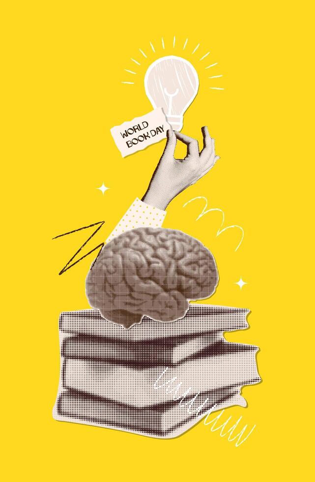 World book day concept. Nostalgic collage with halftone style book stack, brain and hand holding bulb. Education, wisdom and study. Intellectual development. Searching for ideas in a book. vector