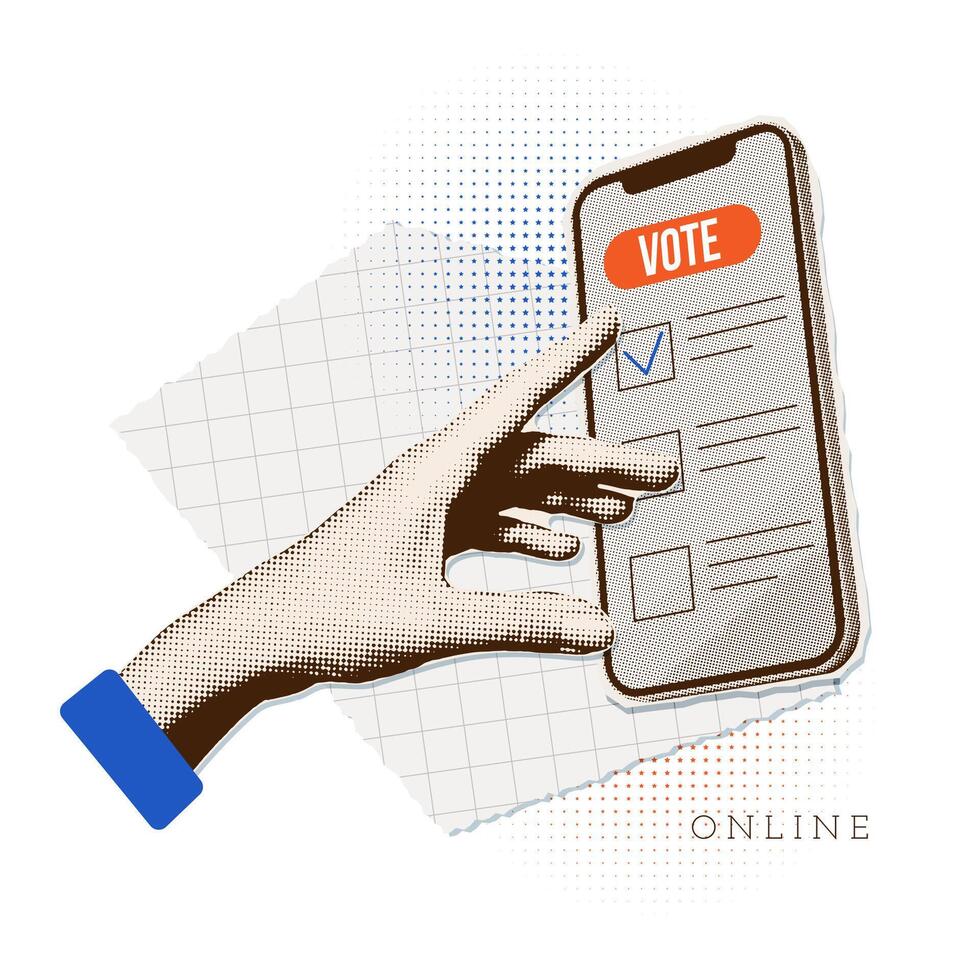 Collage for online election. Trendy vintage banner with halftone hand sticking out from phone and pushing voting button. Collage for US Election 2024 campaign. Vote day November 5. illustration vector