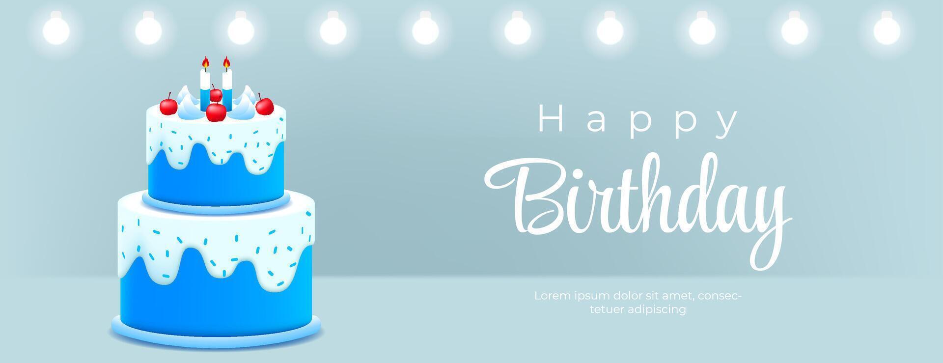 happy birthday card for a boy with blue white 3d cake and lamp on blue background. illustration vector