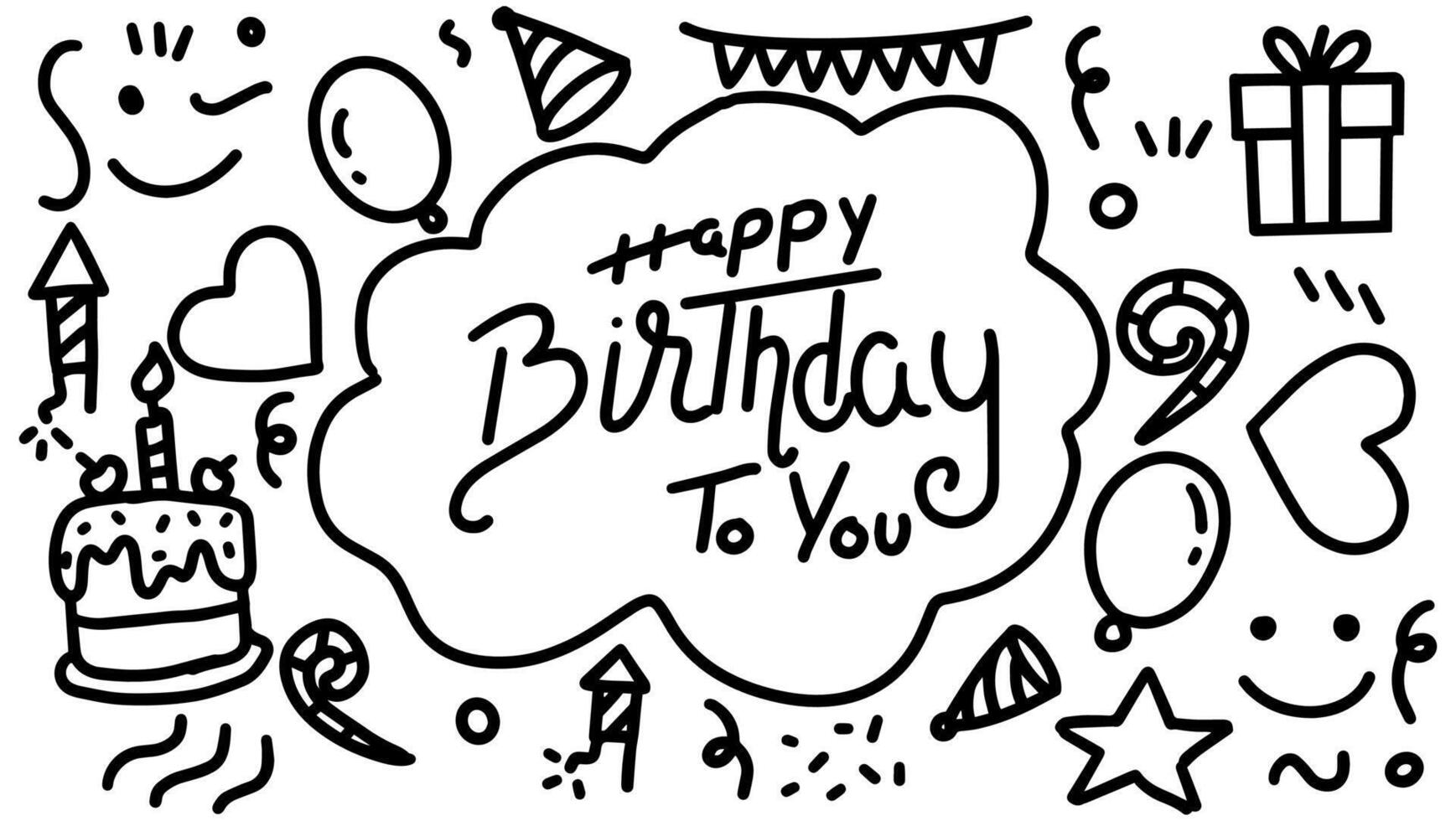 happy birthday typography with doodle art composition. illustration vector