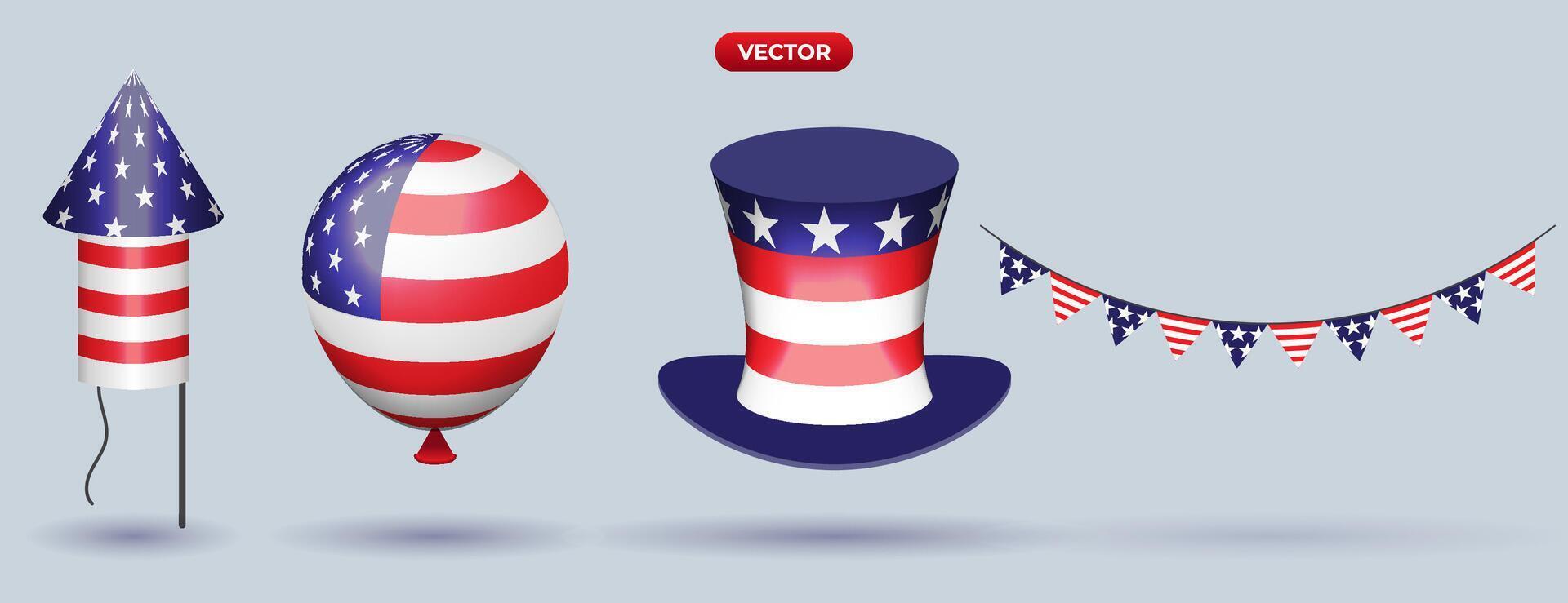 3d ornament for 4th of july american independence day celebration. illustration vector