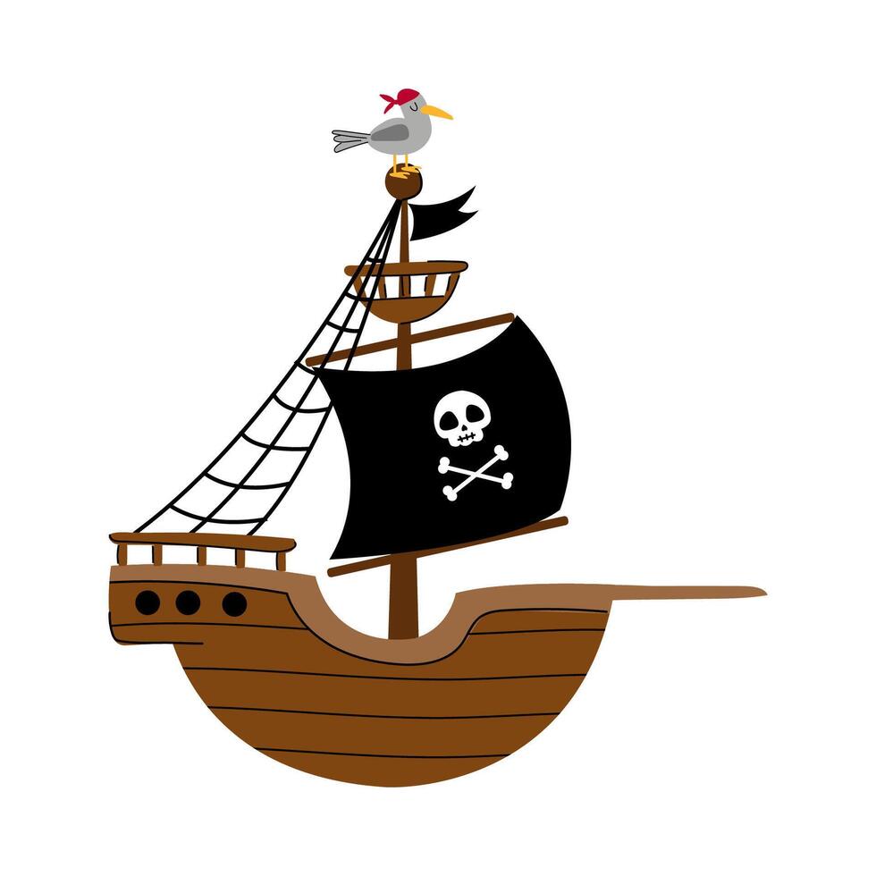 A cute illustration of a pirate ship. Wooden boat with black sails. Isolated on white. vector