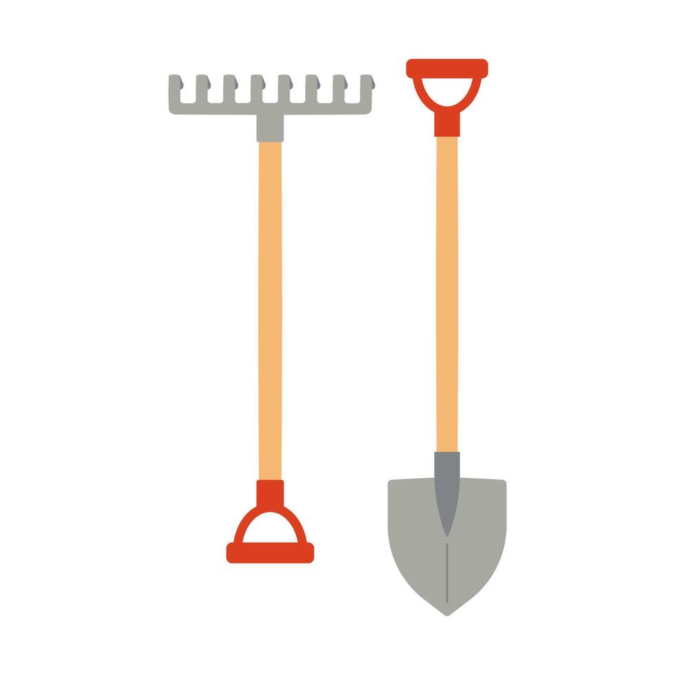 Gardening tools for working in the ground. Rake and shovel illustration vector