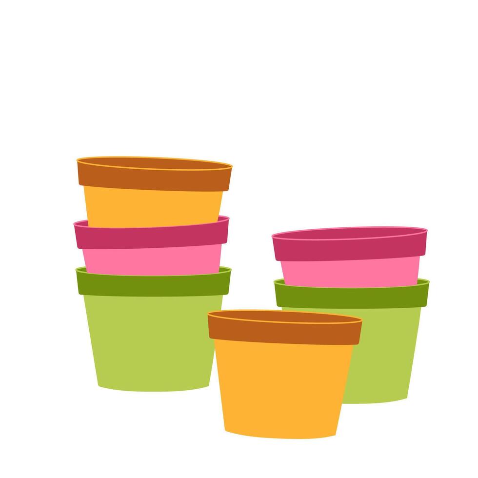 Multi-colored flower pots arranged one in one. illustration of buckets for flowers vector