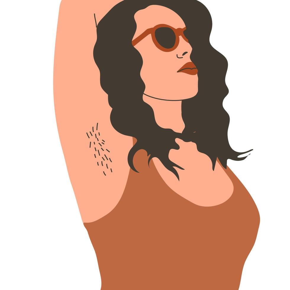 A woman's head and shoulders are depicted, with her arm raised to reveal the hair in her armpit, often utilized as a feminist statement against the practice of women shaving vector