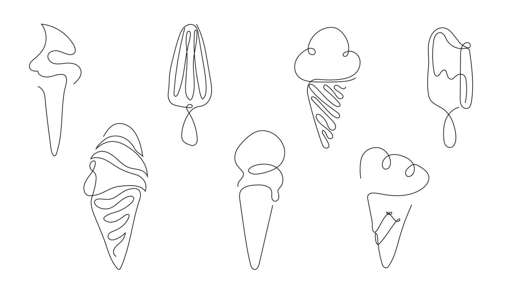 Set of ice cream continuous line art drawing style. Black line sketch on white background vector