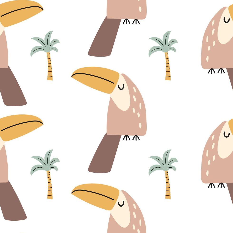 Seamless childish jungle pattern with cute toucan. Perfect for fabric, textile, nursery posters. vector