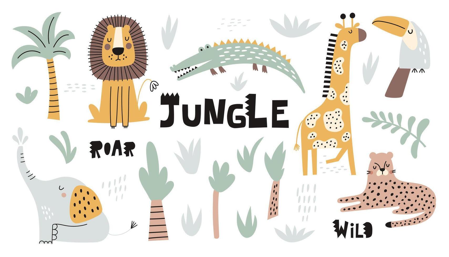 Childish jungle set with cute lion, crocodile, giraffe, elephant, leopard, toucan. Perfect for fabric, textile, nursery posters. vector