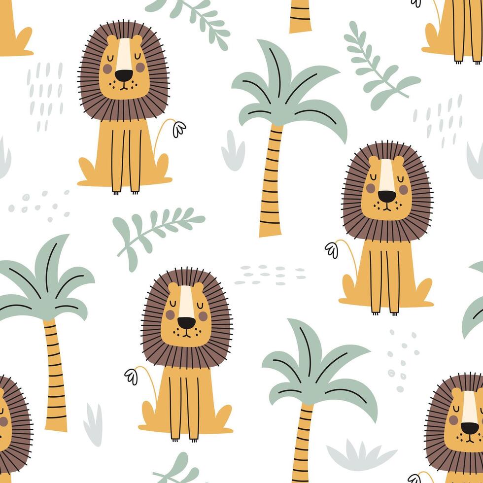 Seamless childish jungle pattern with cute lion. Perfect for fabric, textile, nursery posters. vector