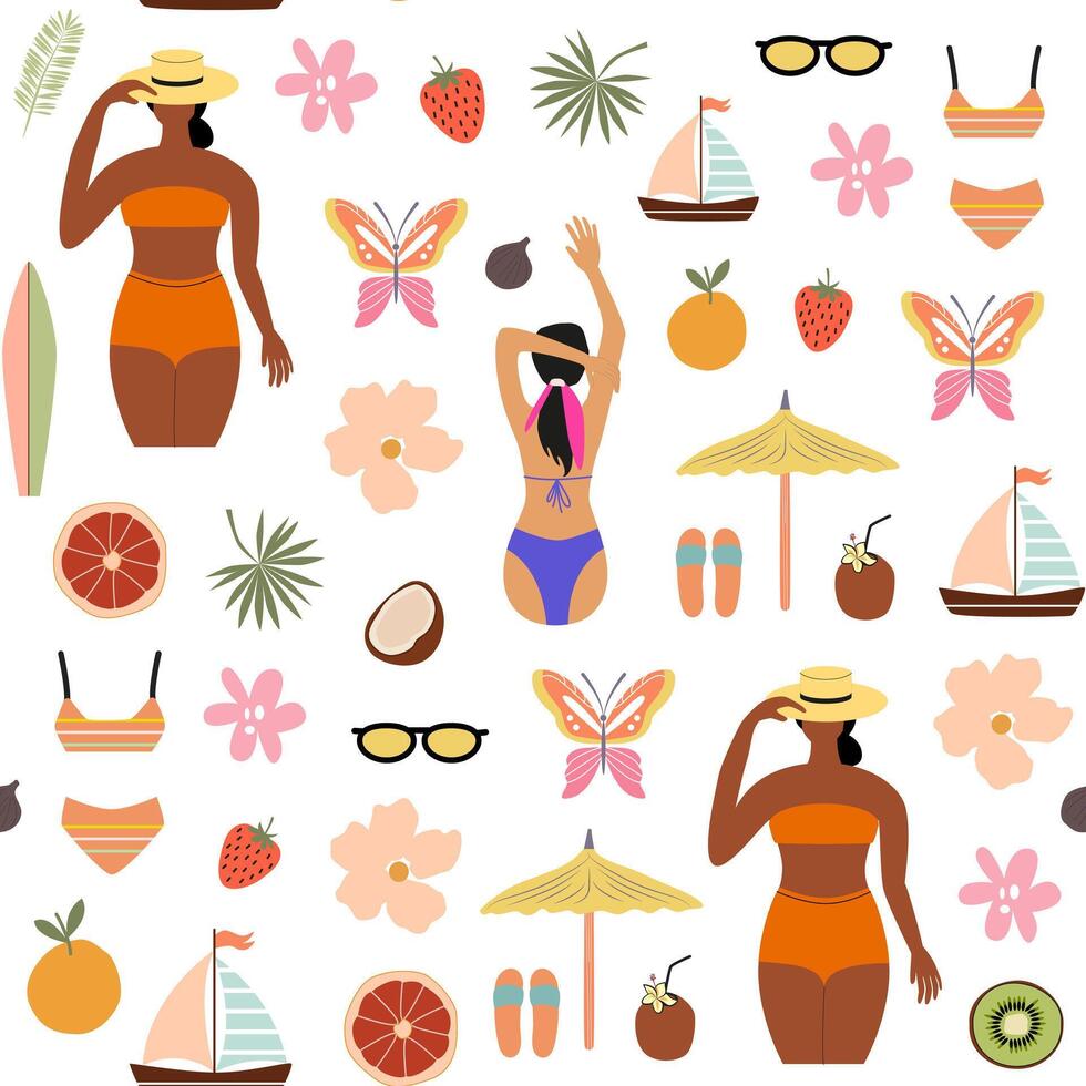 Summer seamless pattern. Holiday and vacation vibes. Black young woman, butterfly, fruits, tropical exotic leaves and flowers, swimsuit. Exotic background, digital paper, backdrop. vector