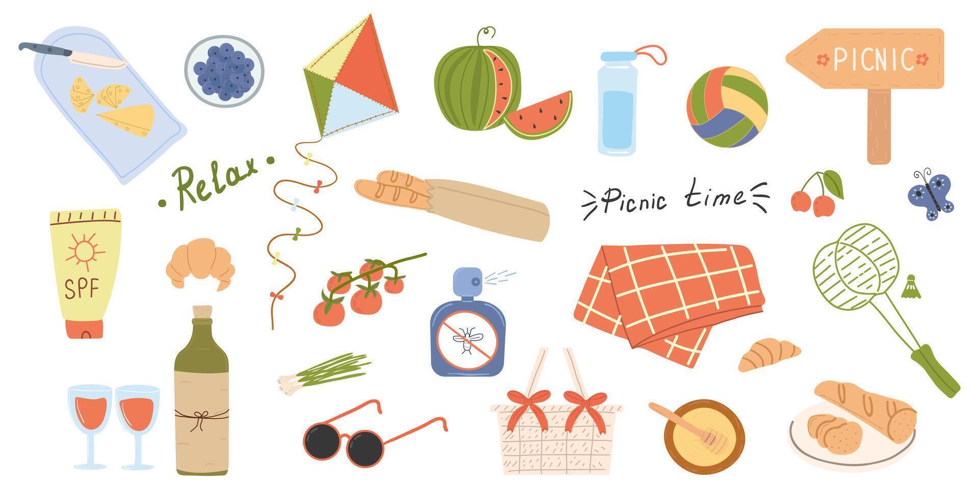 Summer picnic set blanket, basket, bread, wine, cheese, blueberries, badminton, ball. Icons, signs, banners. Elements of the collection for summer holidays, for stickers. vector