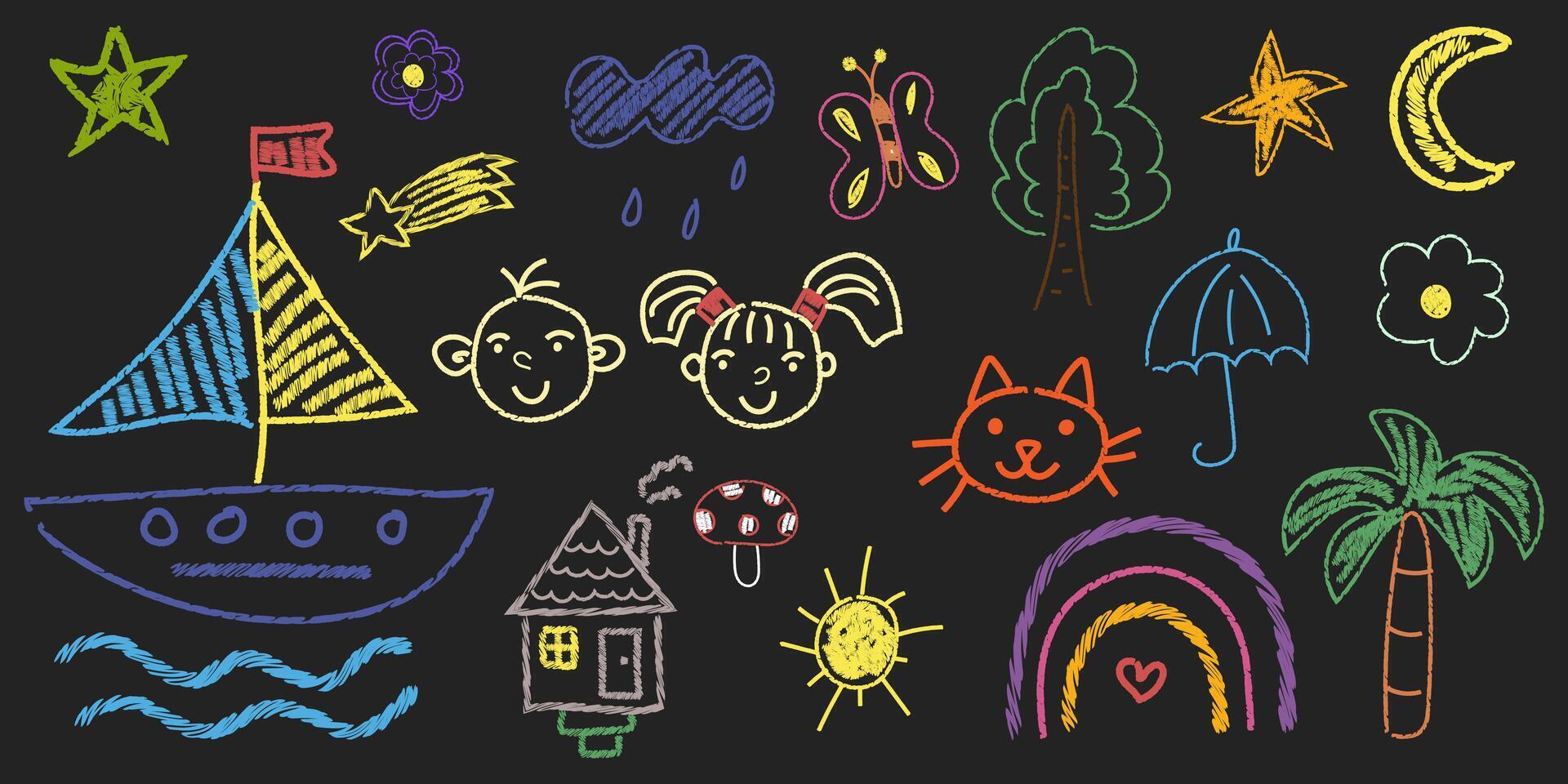 Set of drawings hand drawn with colored chalk on a blackboard. Cute flower, ship, umbrella, animal elements, house, trees, rain, children, palm tree. Cute preschool activity for kids, education. vector