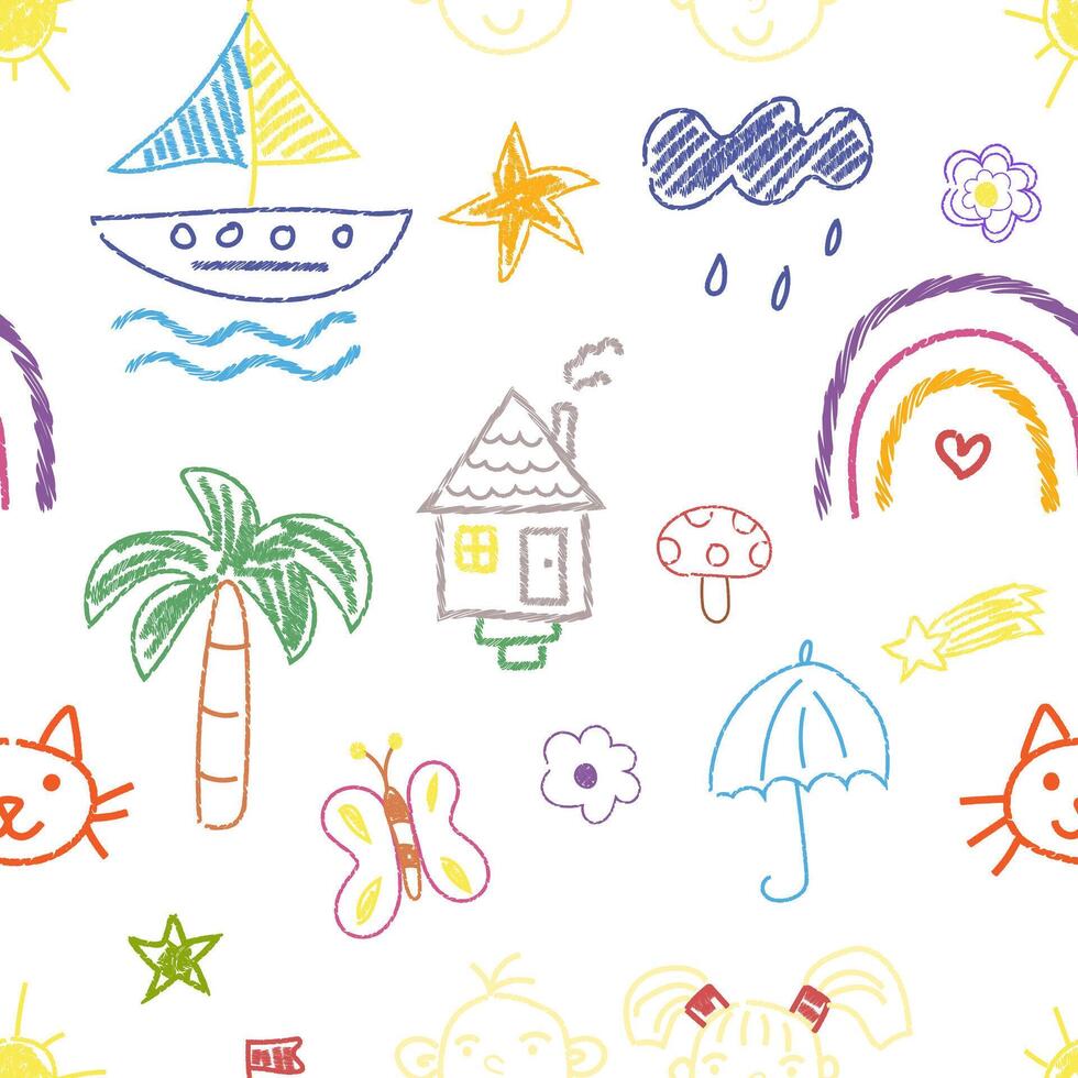 Cheerful doodles with colored chalk on a seamless spring background. Chalk drawings, flowers and animals. Template for textiles, wallpaper, packaging, cover vector