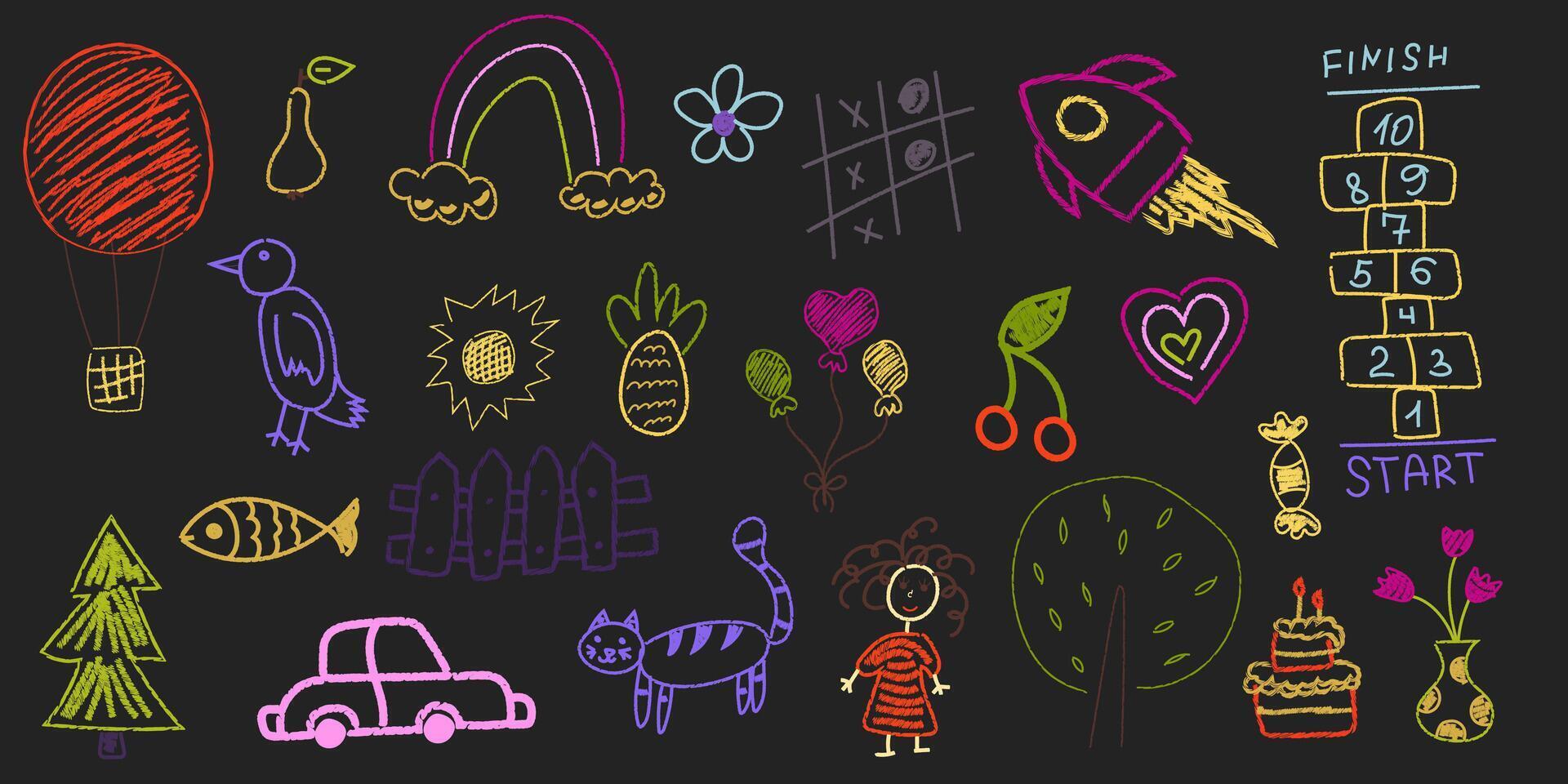 Set of drawings hand drawn with colored chalk on a blackboard. Cute flower, rocket, animal elements, car, classic, trees. Children's animal design for textiles, posters, flyers vector