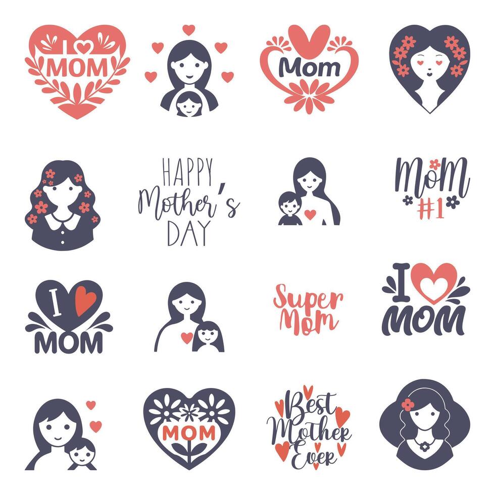 Mother's day holiday clip art. Set of lettering quotes and illustrations. Mom with child and woman' s silhouette isolated on white. Sticker set in flat design. vector