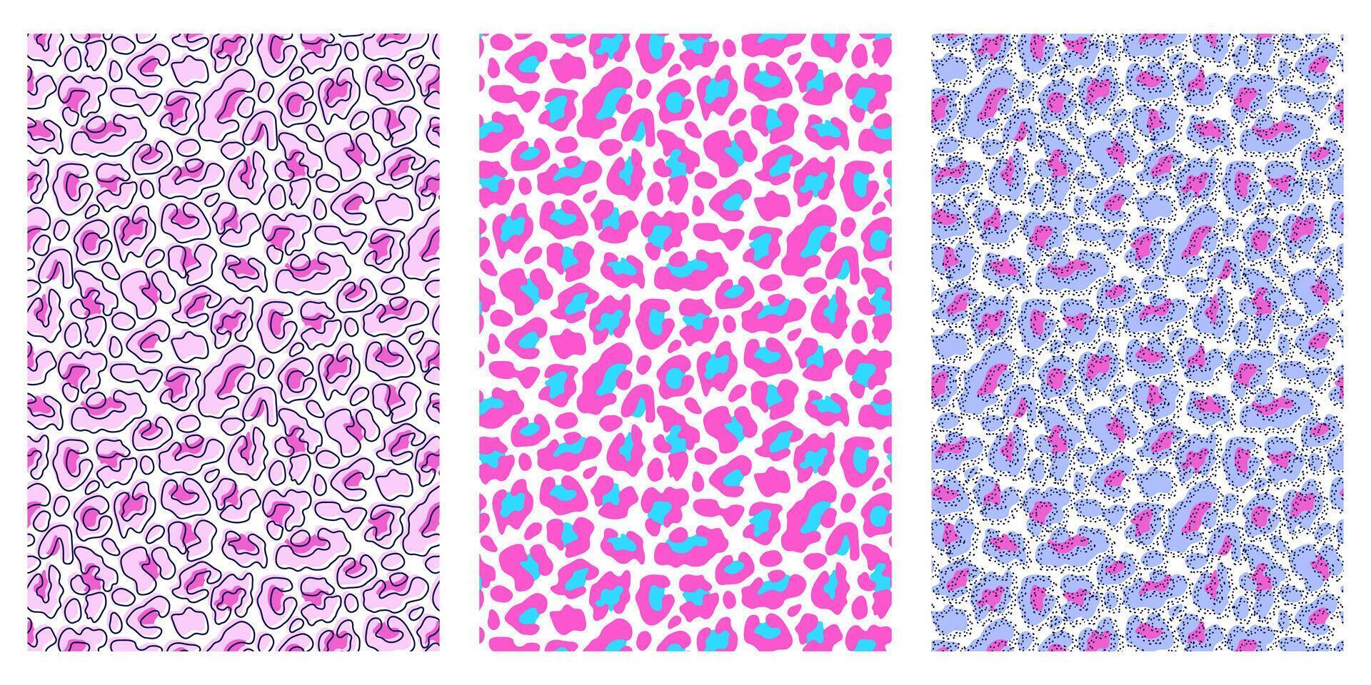 Abstract colorful animal seamless pattern set. Leopard skin camouflage background design. Bright exotic design. vector