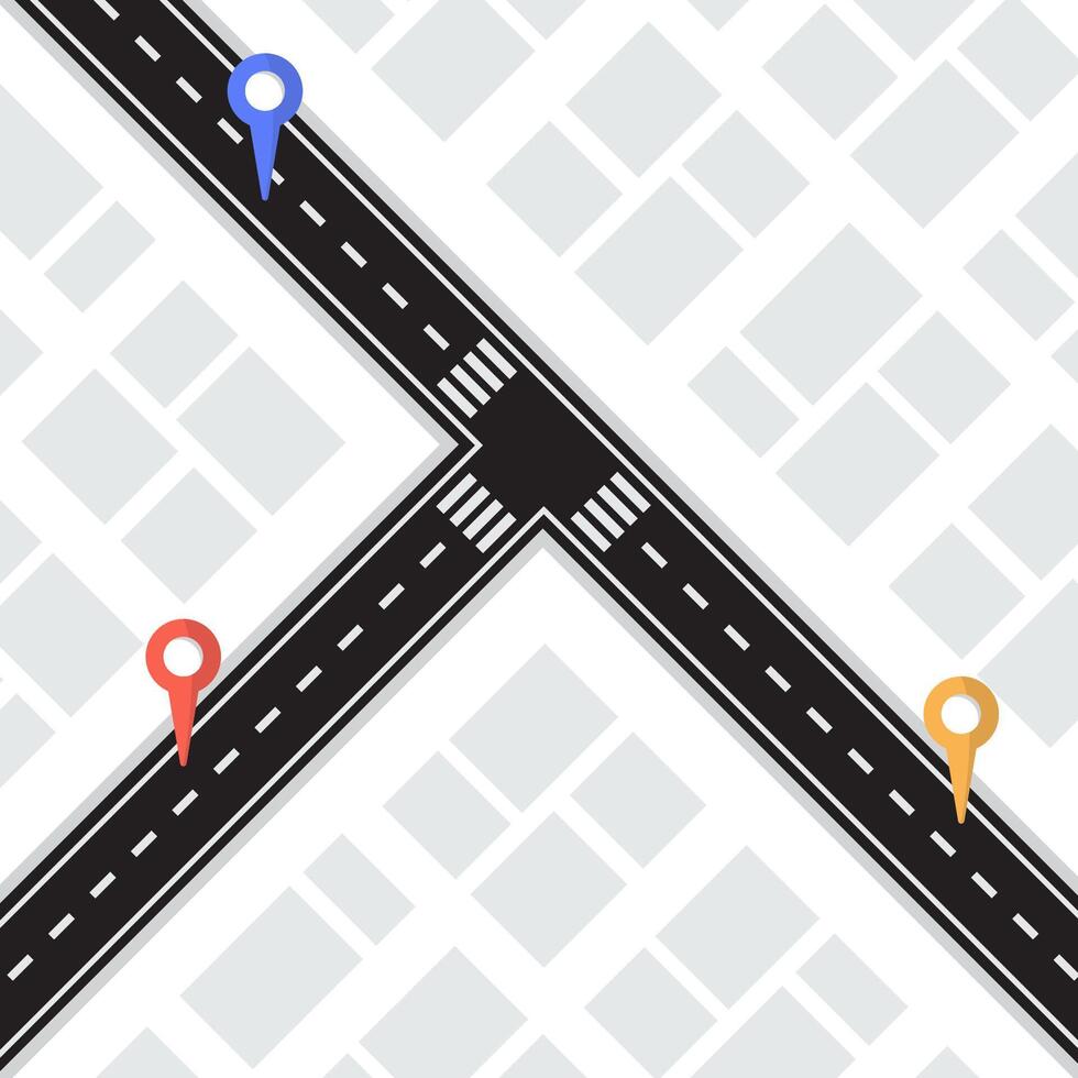 illustration of a highway fork with a location point icon in the middle of a settlement vector