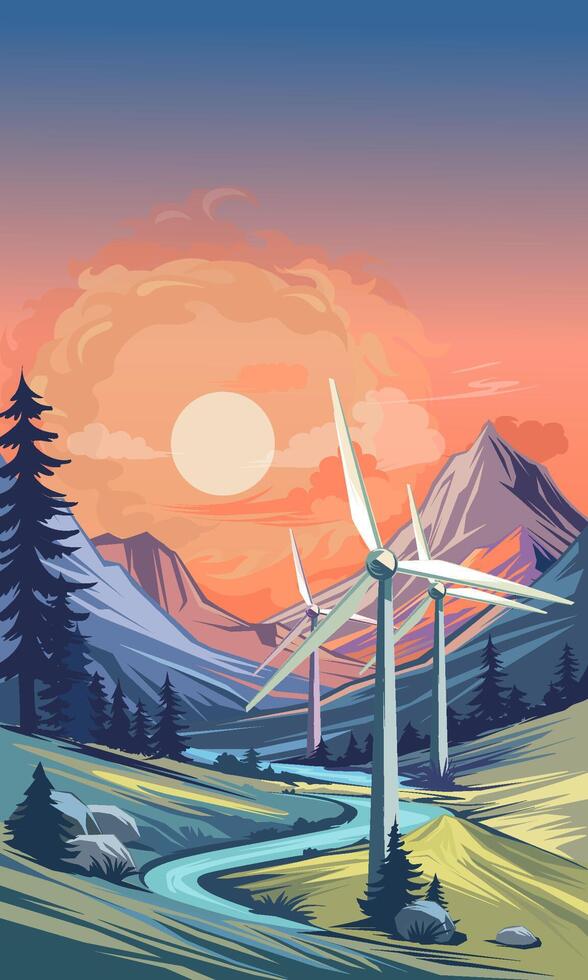 Wind turbines with mountains in the background, illustration vector