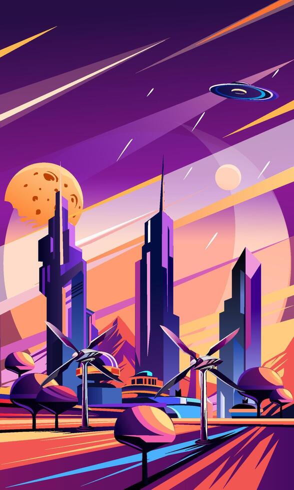 Sci-fi future of technology on new planets, illustration vector