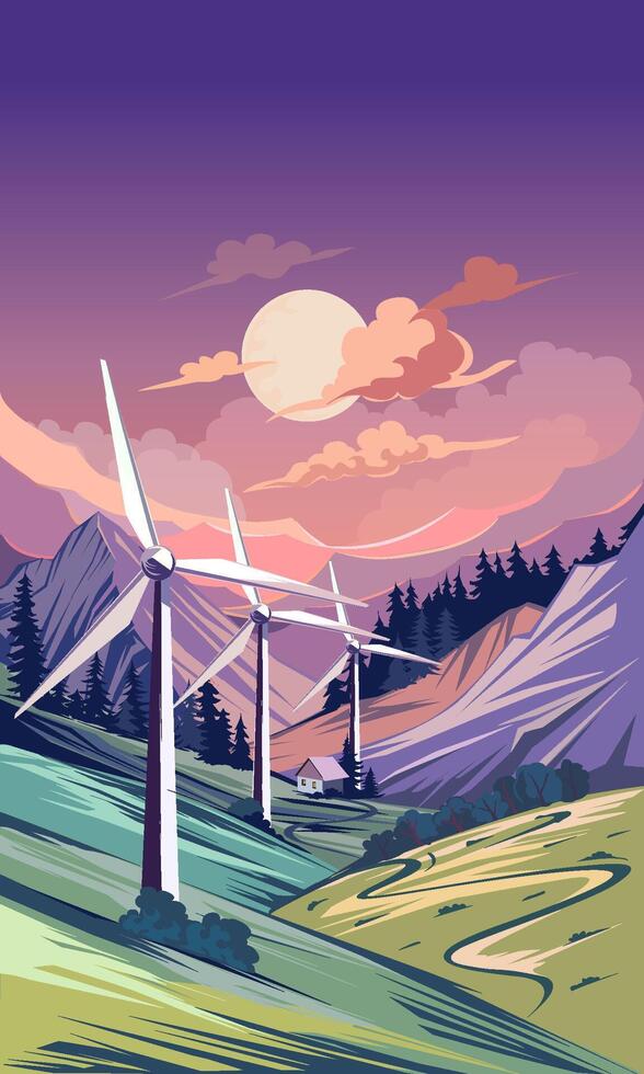 Wind turbines in mountainous region, illustration vector