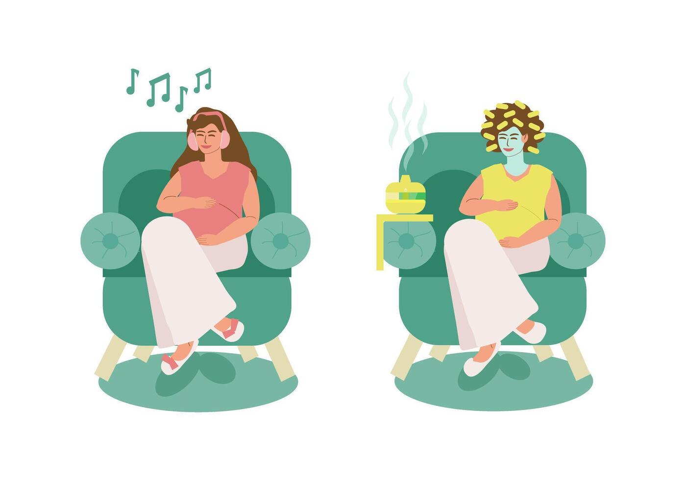 Set, a pregnant young woman sits in a chair and relaxes, listens to music on headphones, makes a cosmetic face mask, inhales the aroma of an aroma lamp. Maternity, pregnancy, maternity leave. vector