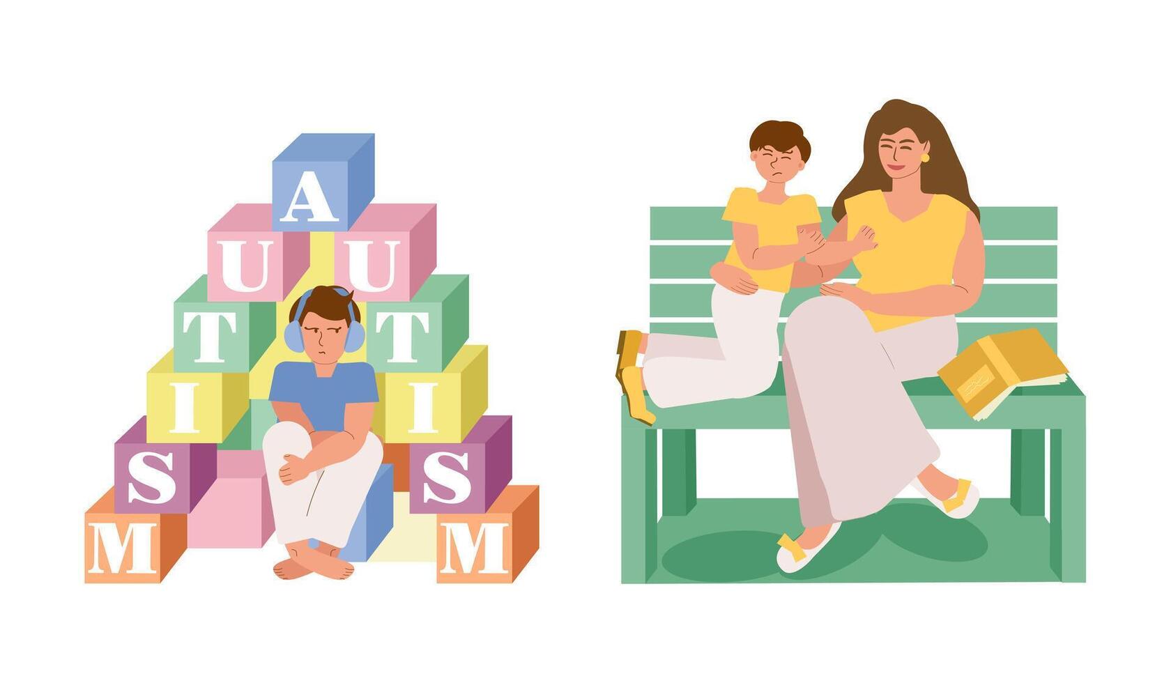 A boy, a child with autism, sits on blocks with the inscription autism, a mother tries to hug her son with autism. World Autism Awareness Day. vector