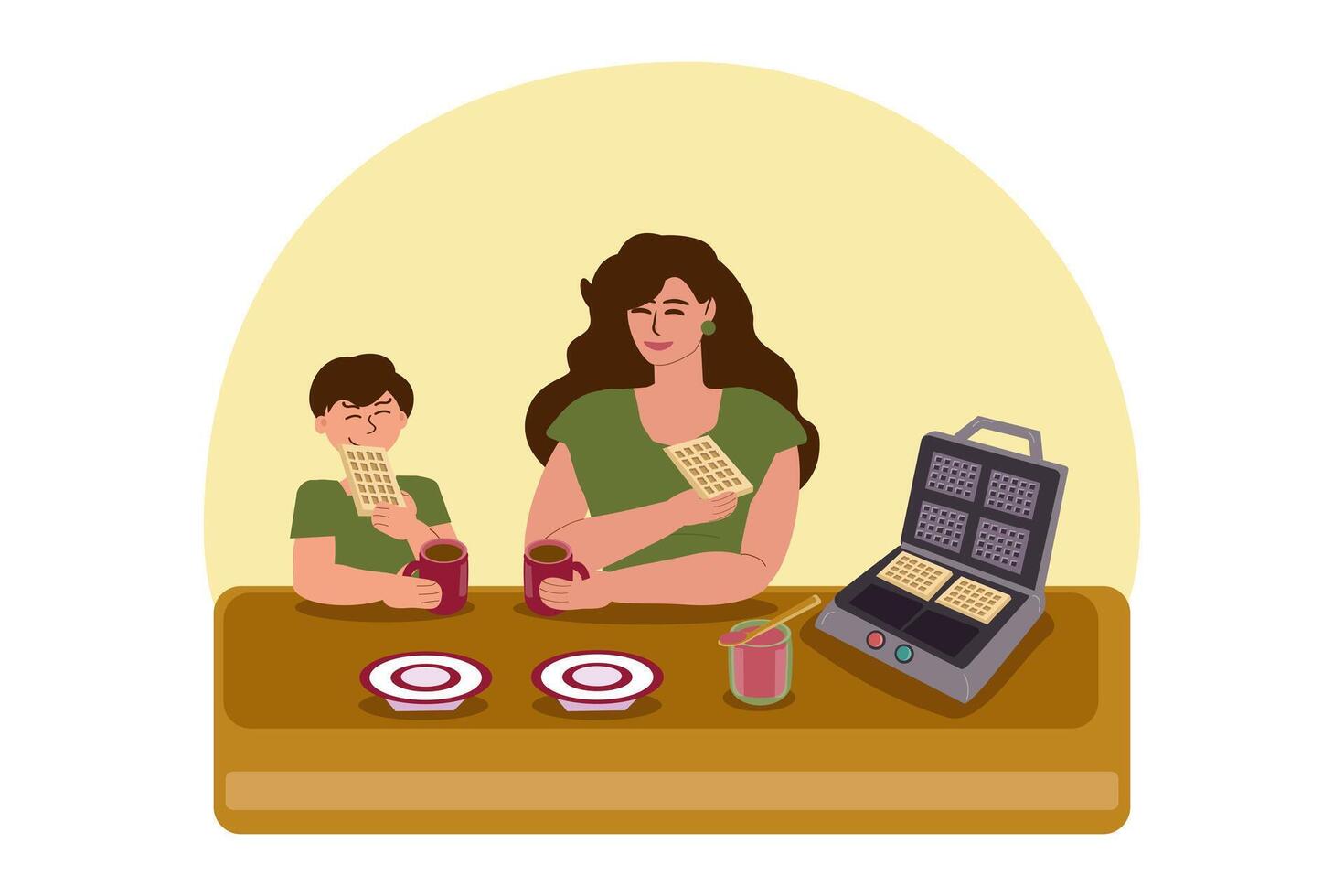 Mom and son have breakfast together in a good mood, drink tea and eat waffles. There is an electric waffle iron with prepared dessert on the table. vector