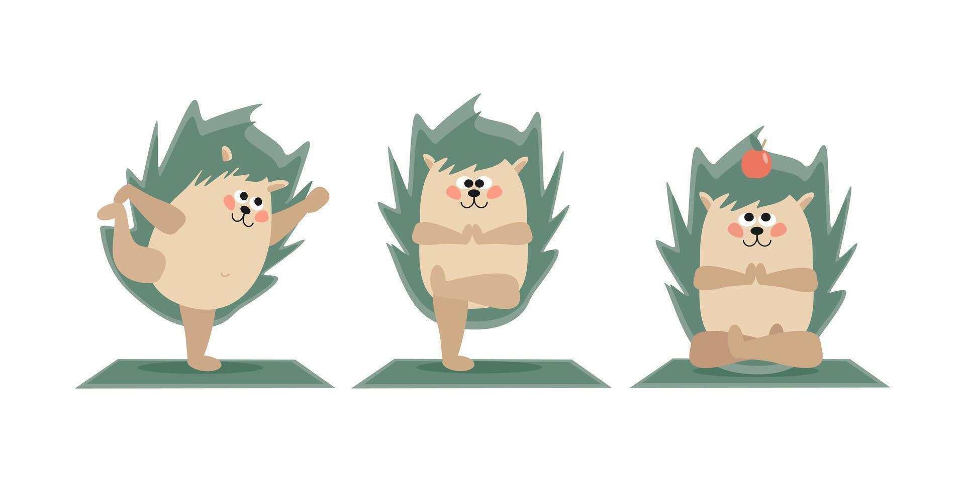 Set a cute funny hedgehog doing yoga on the mat. Exercise, peace of mind. vector