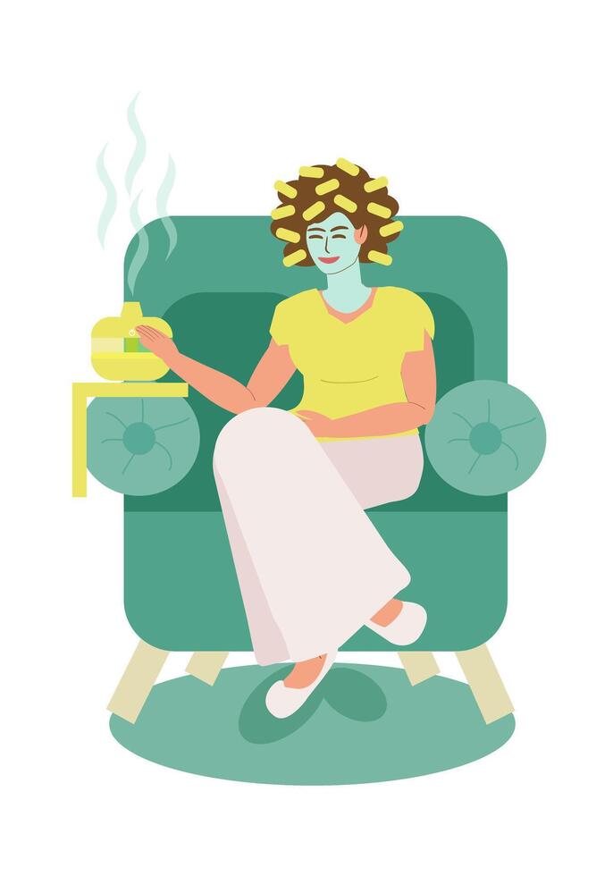 A young woman is sitting in a chair, with curlers on her hair, a cosmetic mask on her face and an aroma lamp nearby. Self-care, woman taking spa treatments at home. vector