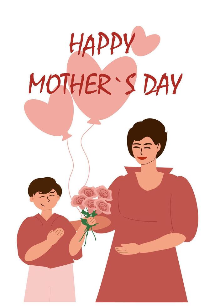 el hijo da su madre un ramo de flores de flores y en forma de corazon globos y felicita su en el día festivo. madres día. ilustración, saludo tarjeta, vertical bandera vector