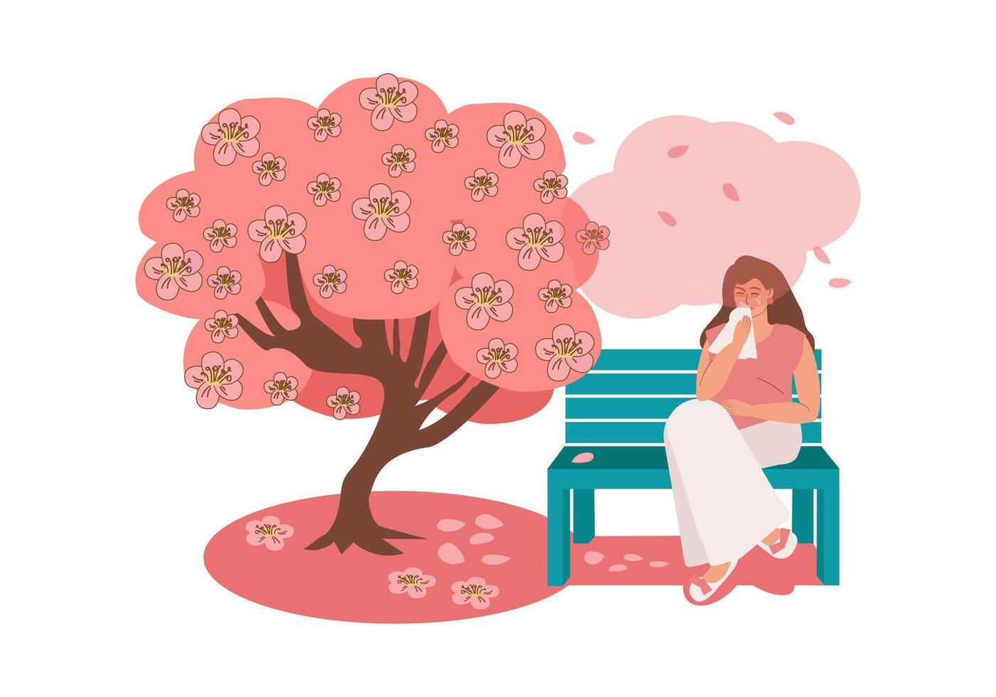 un joven embarazada mujer sufre desde alergias, tiene un líquido nariz y lágrimas, y se sienta en un parque banco cerca un floreciente árbol en el primavera. heno fiebre, polen alergias, estacional enfermedades, el embarazo vector