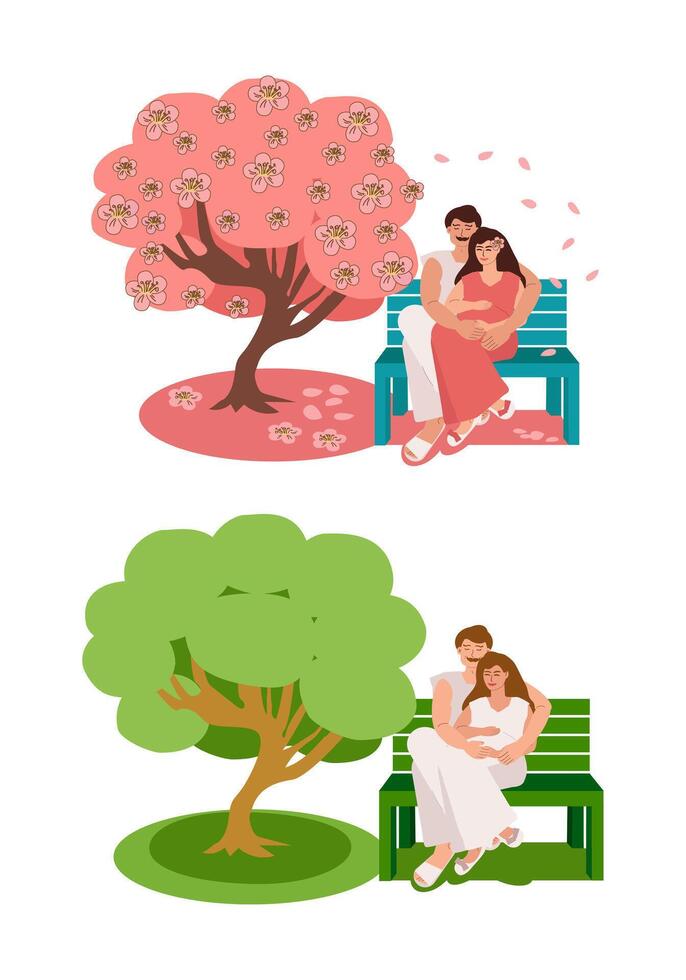 Set is a pregnant young woman sitting with her husband in an embrace on a bench in the park near a tree in spring and autumn. A married couple relaxes in nature during the warm season. vector