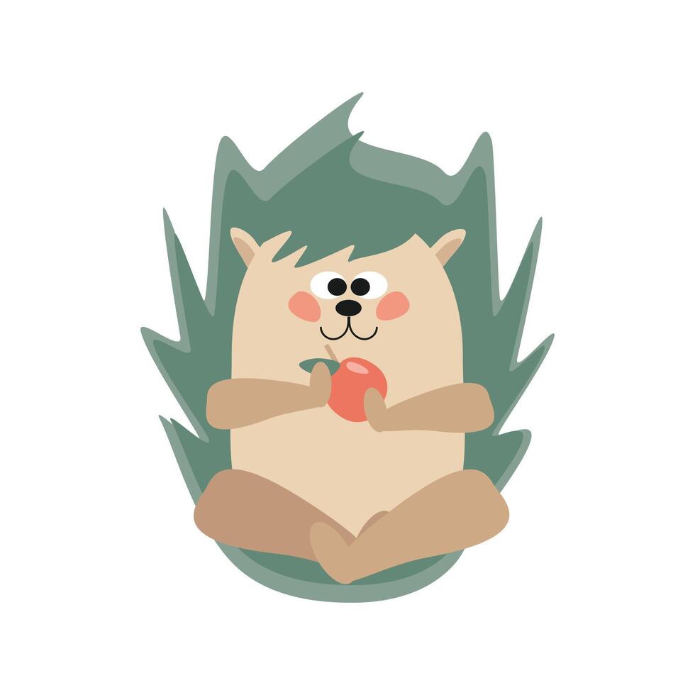 A cute funny hedgehog sits and holds an apple in his paws. vector