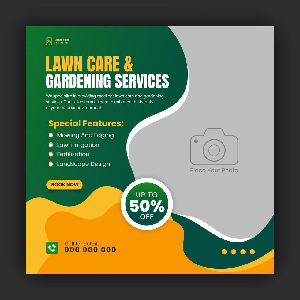 Modern lawn care garden or landscaping service for social media cover or post design template, organic food and agriculture web banner with abstract green gradient and yellow color shapes vector