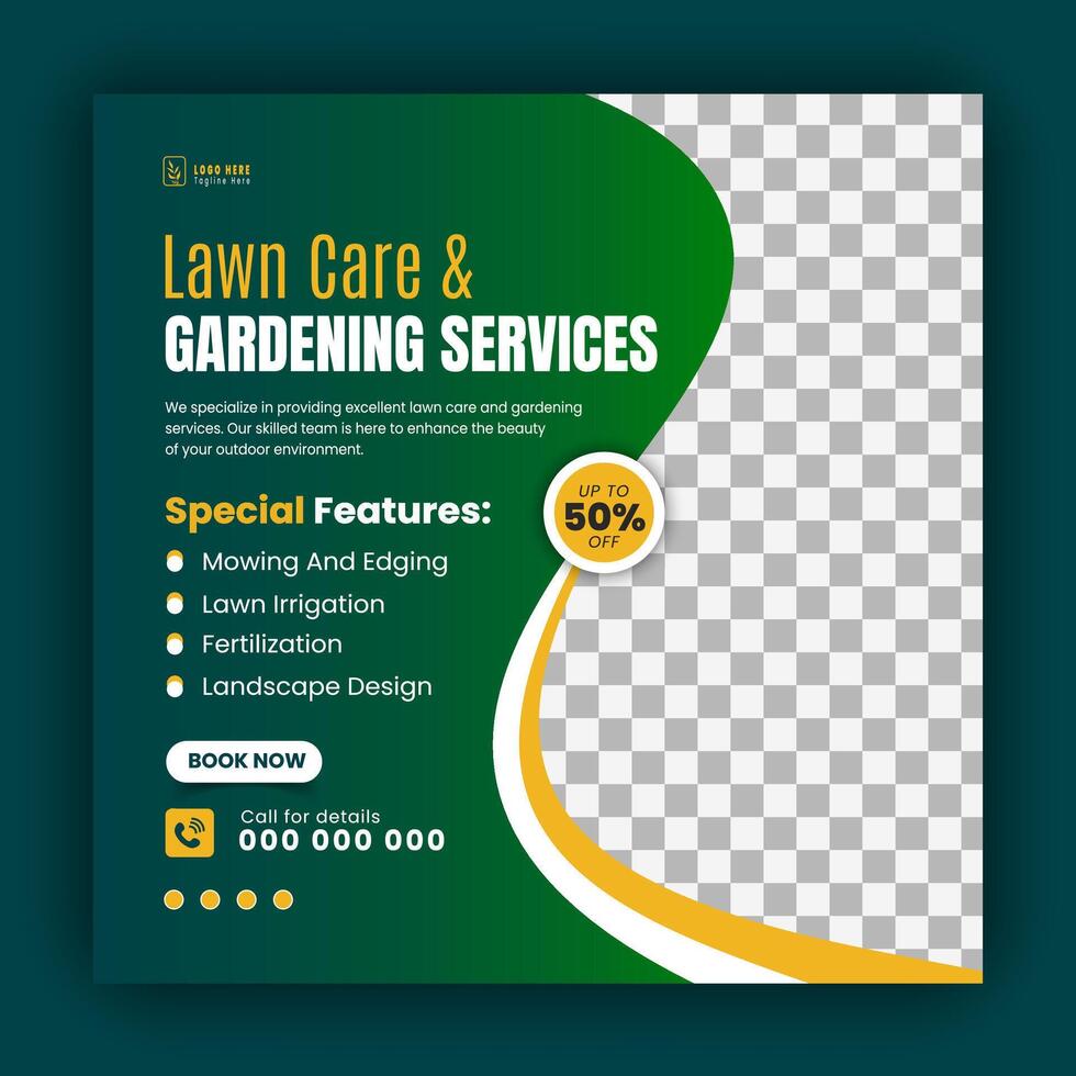 Agriculture and farming promotion with modern lawn mower garden or landscaping service social media cover design, abstract green and yellow square web banner, post template flyer vector