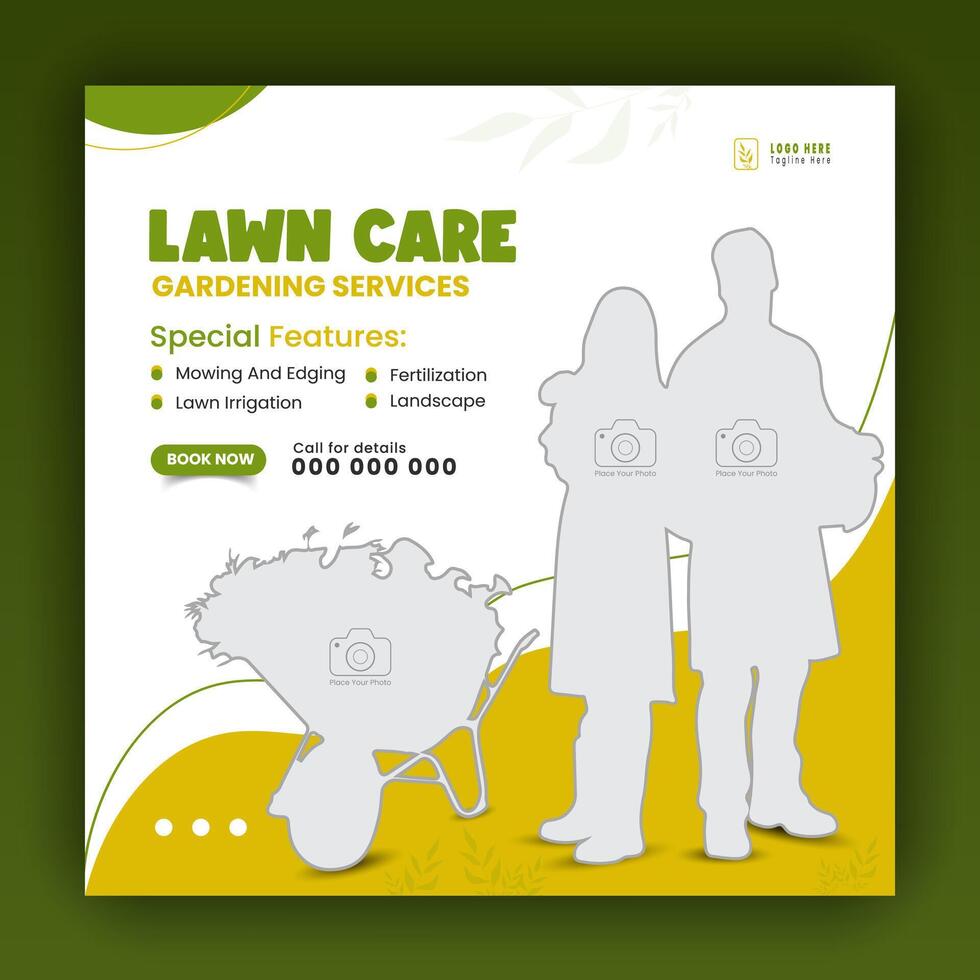 Modern lawn care garden or landscaping service for social media cover or post design template, organic food and agriculture web banner with abstract green gradient and yellow color shapes vector