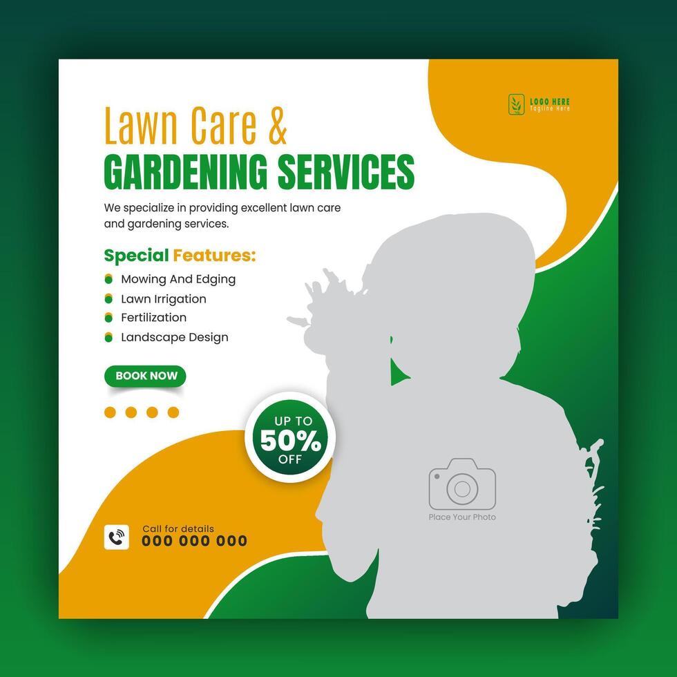 Modern lawn care garden or landscaping service for social media cover or post design template, organic food and agriculture web banner with abstract green gradient and yellow color shapes vector