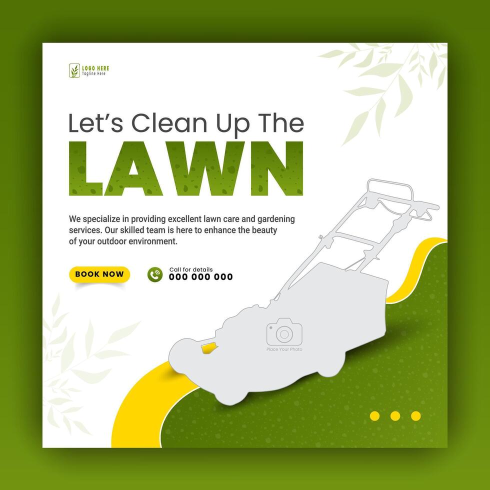 Modern lawn care garden or landscaping service for social media cover or post design template, organic food and agriculture web banner with abstract green gradient and yellow color shapes vector