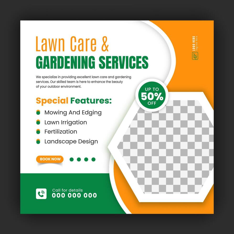Agriculture and farming promotion with modern lawn mower garden or landscaping service social media cover design, abstract green and yellow square web banner, post template flyer vector