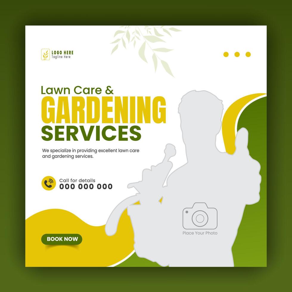 Modern lawn care garden or landscaping service for social media cover or post design template, organic food and agriculture web banner with abstract green gradient and yellow color shapes vector