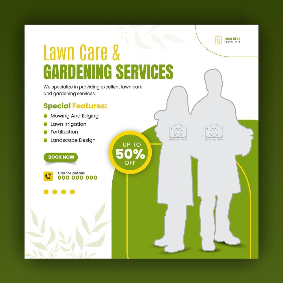 Modern lawn care garden or landscaping service for social media cover or post design template, organic food and agriculture web banner with abstract green gradient and yellow color shapes vector