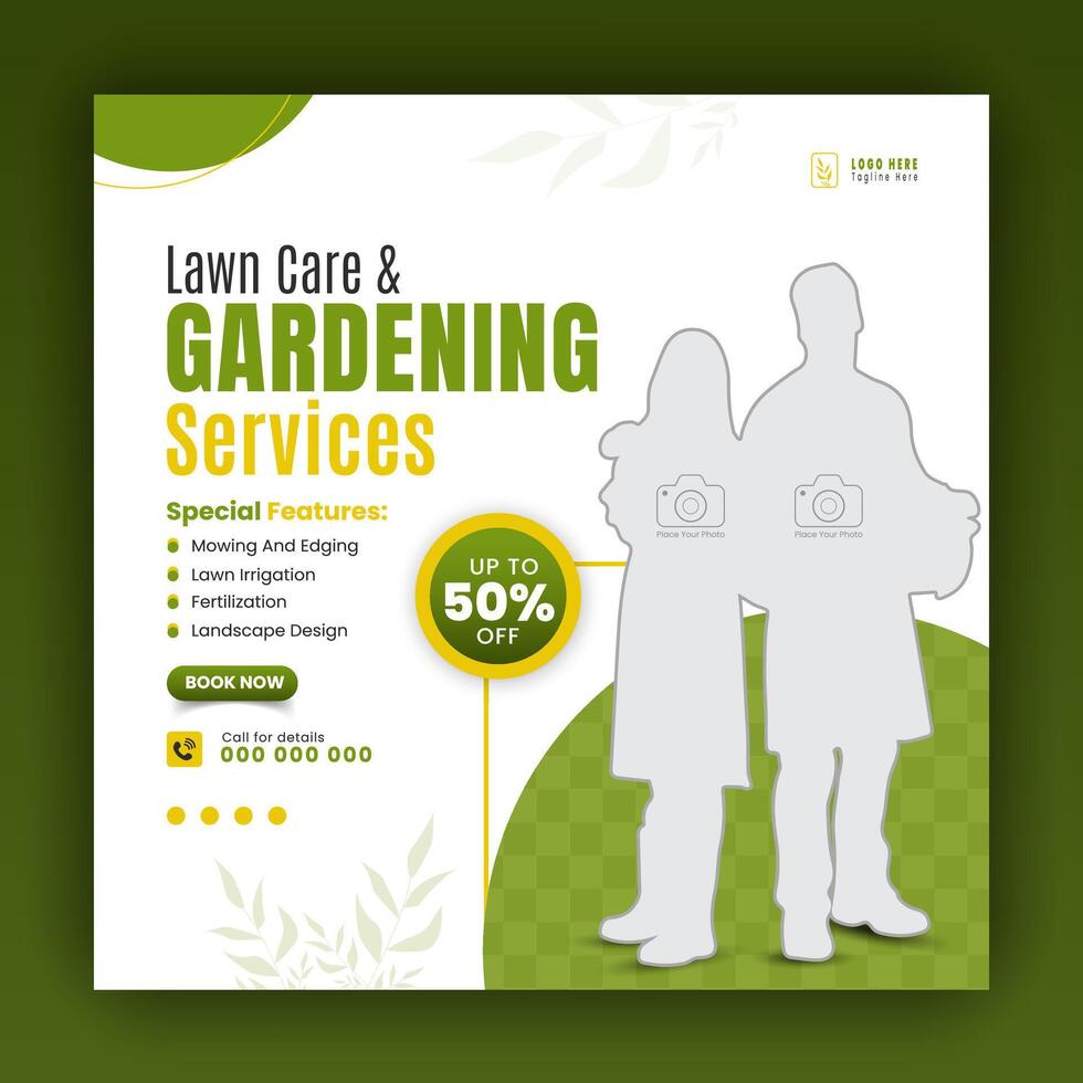 Modern lawn care garden or landscaping service for social media cover or post design template, organic food and agriculture web banner with abstract green gradient and yellow color shapes vector