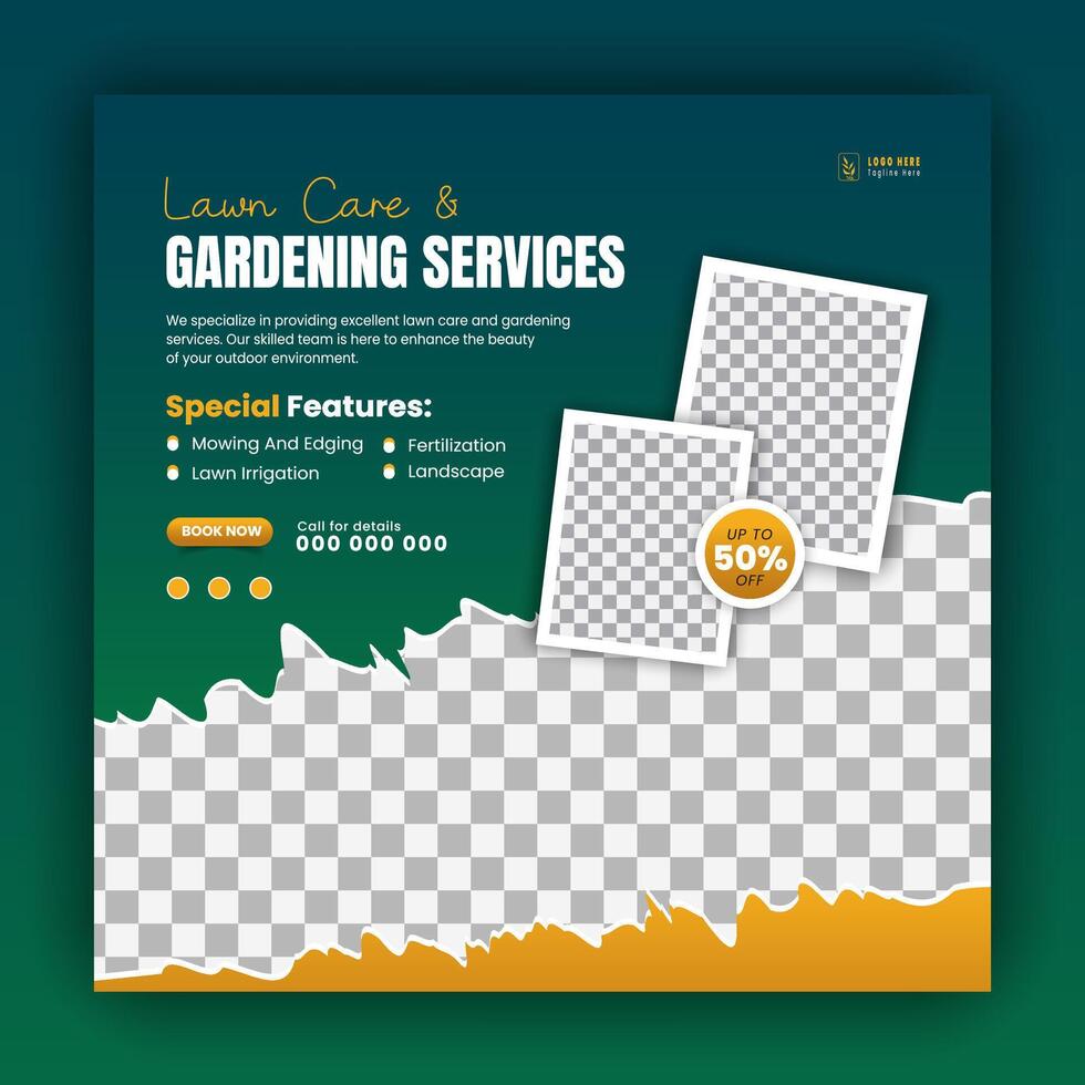 Agriculture and farming promotion with modern lawn mower garden or landscaping service social media cover design, abstract green and yellow square web banner, post template flyer vector