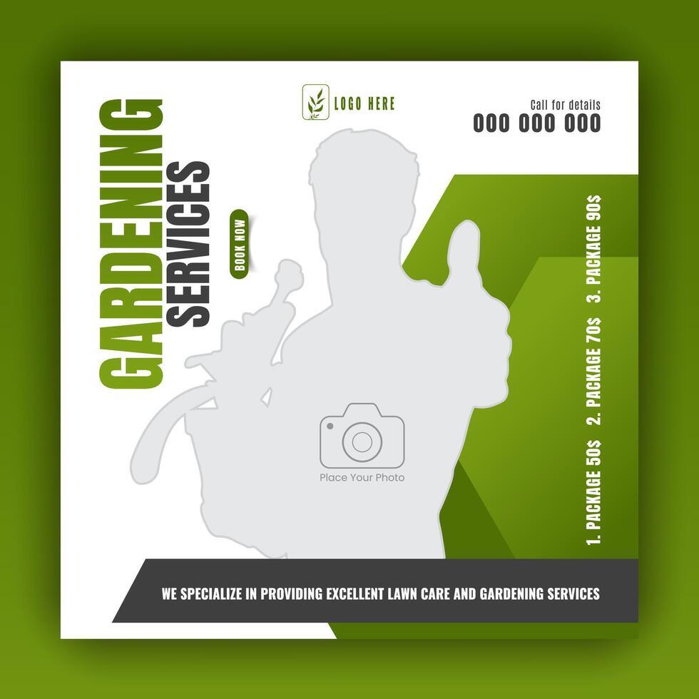 Modern lawn care garden or landscaping service for social media cover or post design template, organic food and agriculture web banner with abstract green gradient and yellow color shapes vector