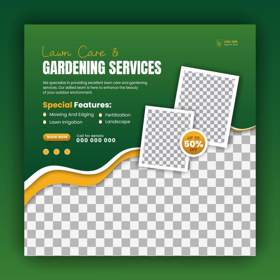 Agriculture and farming promotion with modern lawn mower garden or landscaping service social media cover design, abstract green and yellow square web banner, post template flyer vector