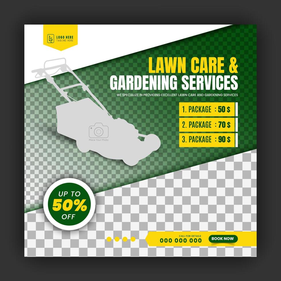 Agriculture and farming promotion with modern lawn mower garden or landscaping service social media cover design, abstract green and yellow square web banner, post template flyer vector