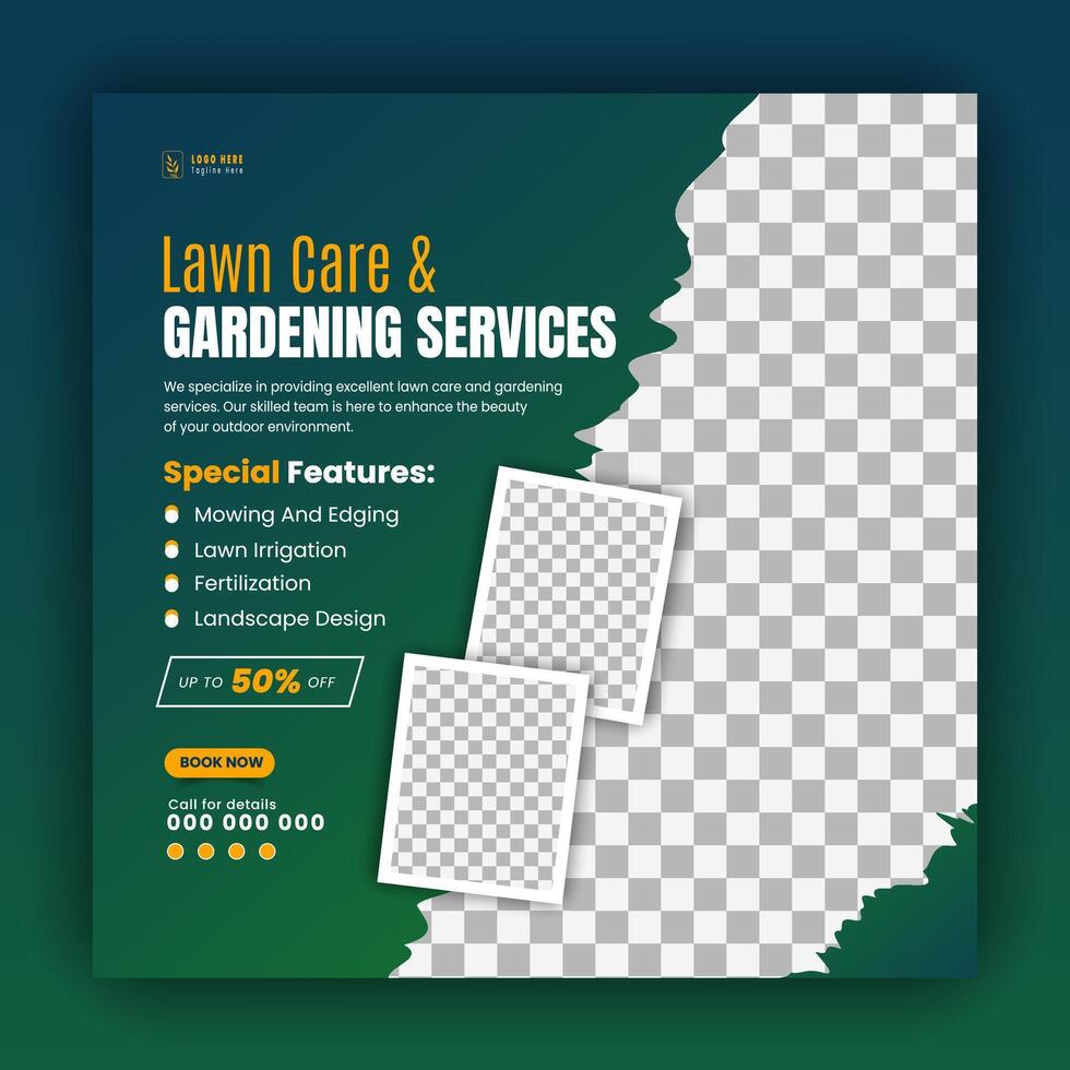 Agriculture and farming promotion with modern lawn mower garden or landscaping service social media cover design, abstract green and yellow square web banner, post template flyer vector